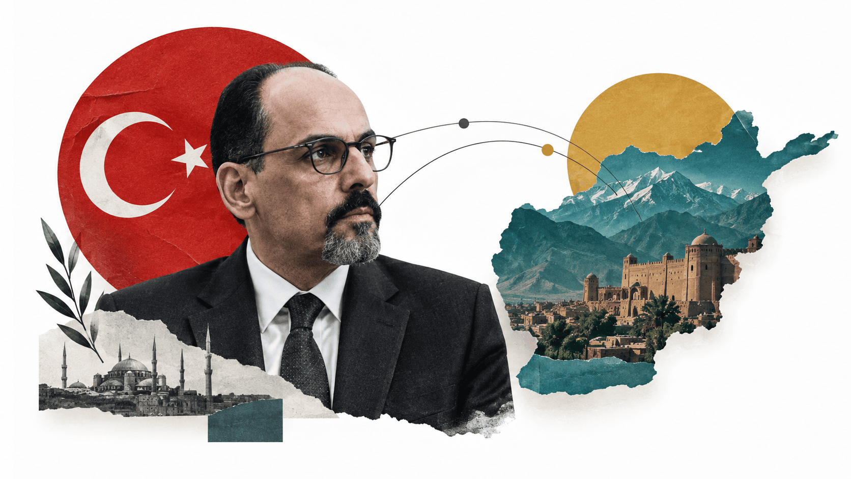 Beyaz fonda İbrahim Kalın’ın portresi, Türk bayrağı motifi ve Afganistan silüeti içindeki dağlarla mimari unsurları birleştiren kolaj.