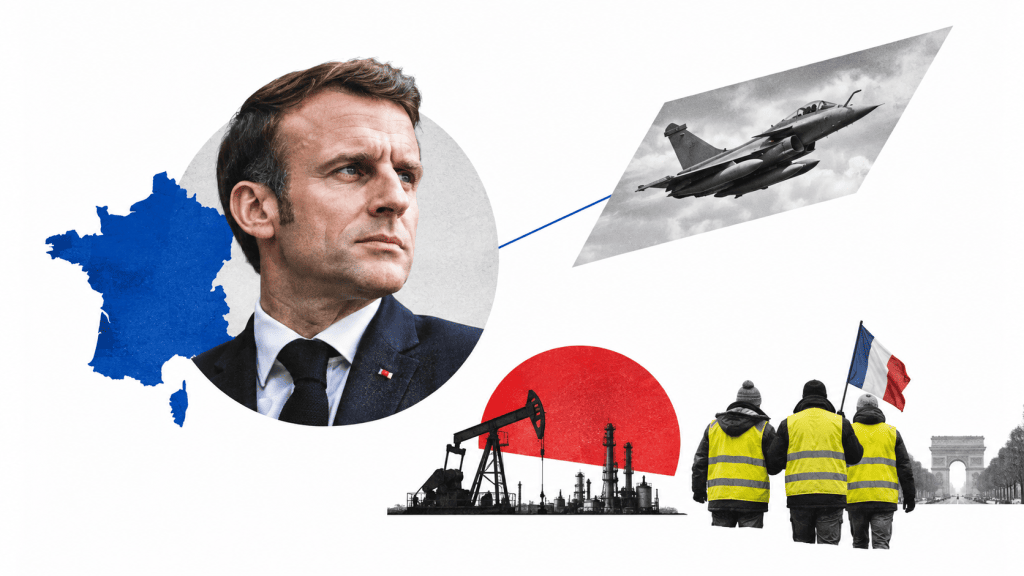 Beyaz fonda Macron, mavi Fransa haritası, savaş uçağı, petrol tesisleri ve Sarı Yeleklilerden oluşan kolaj.