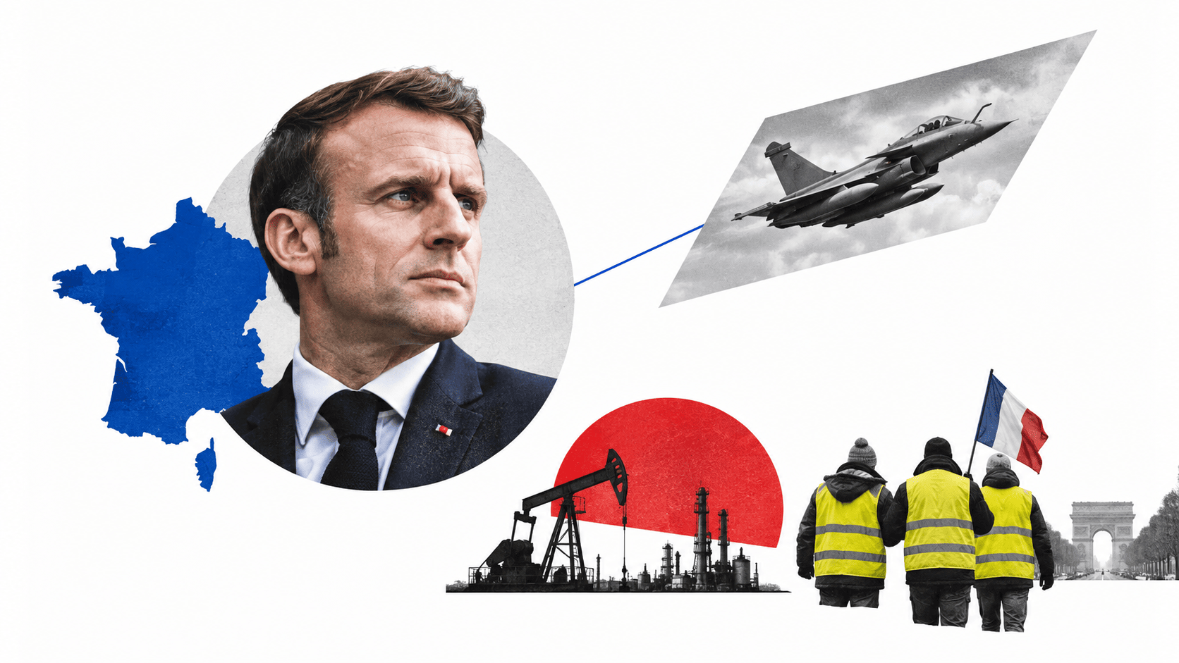 Beyaz fonda Macron, mavi Fransa haritası, savaş uçağı, petrol tesisleri ve Sarı Yeleklilerden oluşan kolaj.
