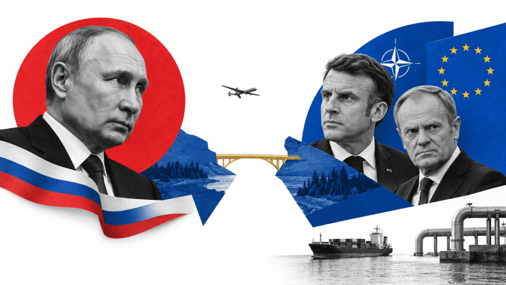 eyaz fon üzerinde Putin, Macron ve Donald Tusk’ın portreleri; NATO ve AB simgeleri, insansız hava aracı, gemi ve enerji borularından oluşan kolaj.