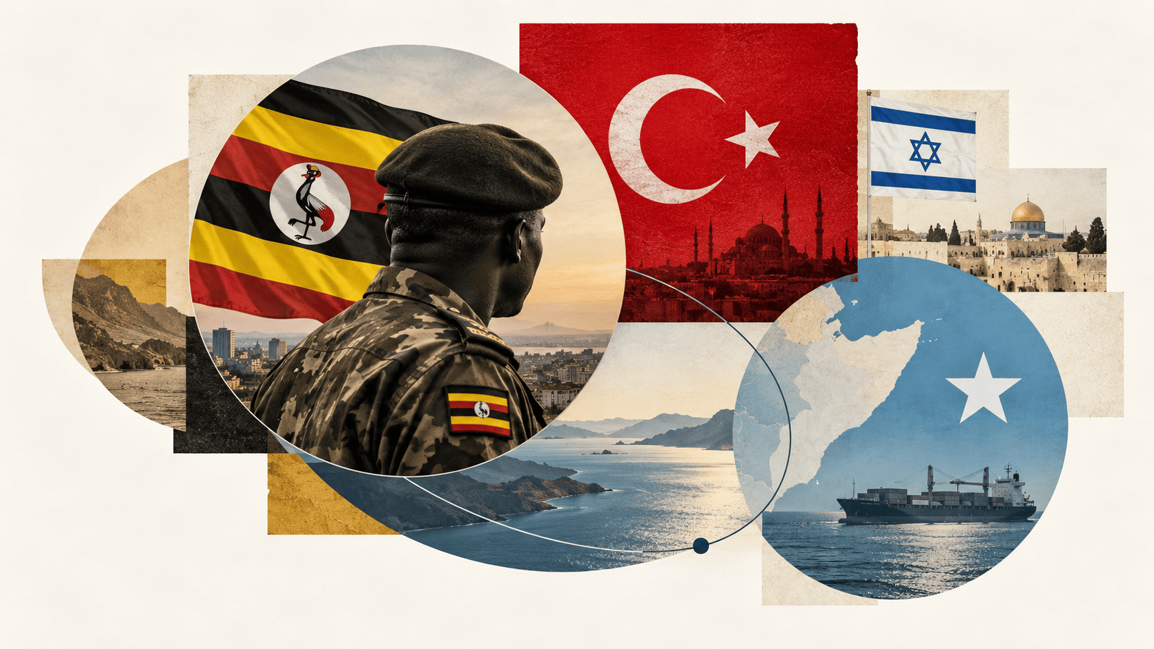 Uganda, Türkiye, İsrail ve Somali bayraklarını; Ugandalı asker, Afrika Boynuzu haritası ve yük gemisiyle birleştiren kolaj.