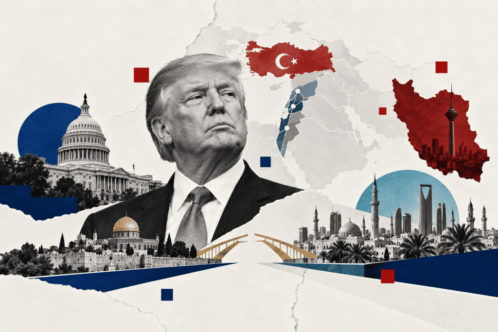 Donald Trump’ın merkezde yer aldığı; Türkiye, İran, İsrail, Filistin, Körfez ülkeleri ve Washington’ı simgeleyen minimalist Orta Doğu kolajı.