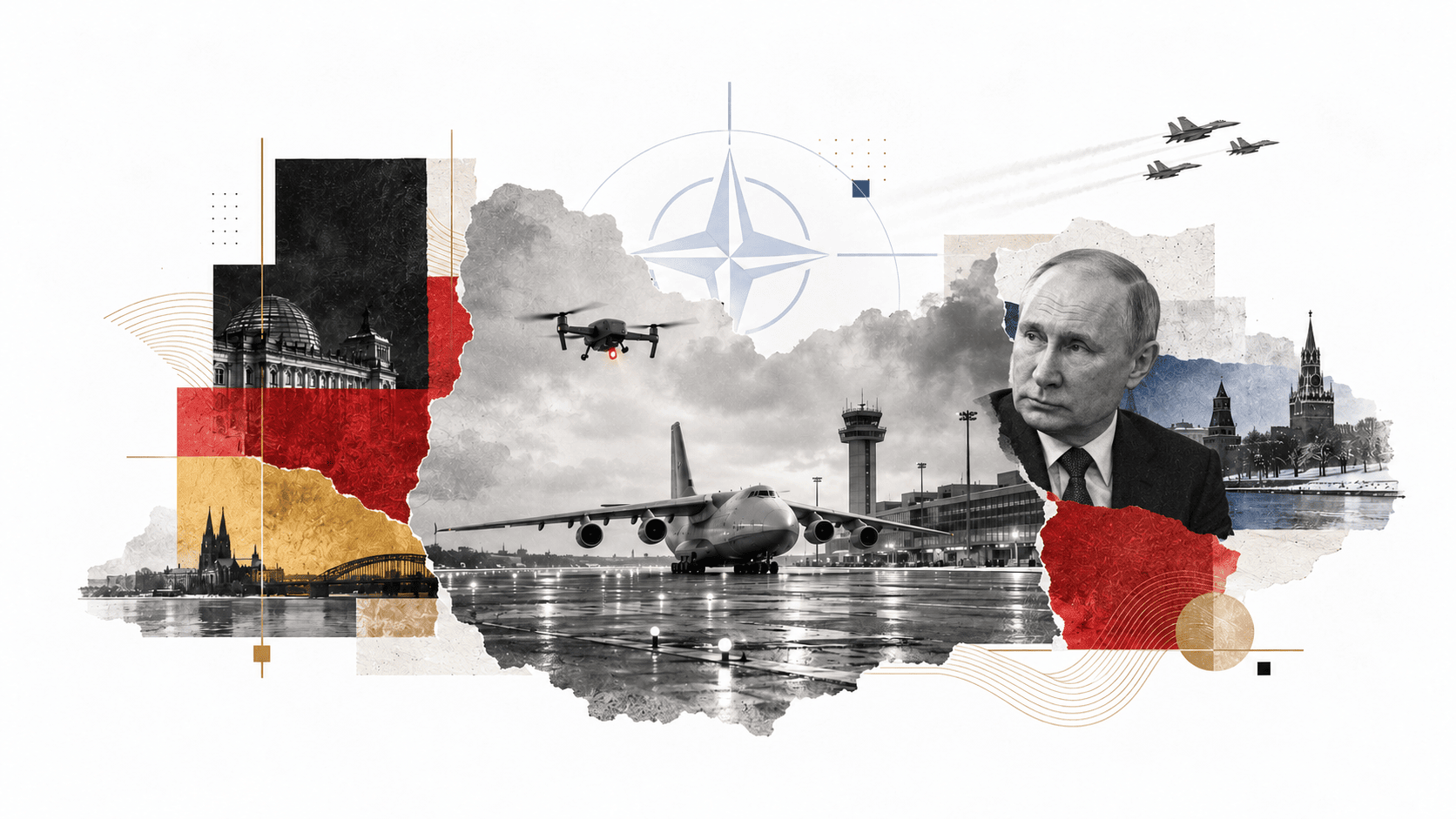 Leipzig/Halle Havalimanı, patlayıcı yüklü dron, Vladimir Putin ve NATO unsurlarını gösteren Almanya–Rusya krizi kolajı.