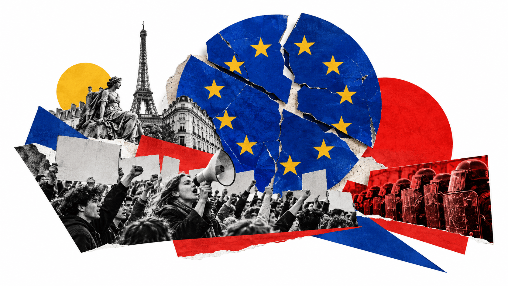 Beyaz fonda çatlamış AB yıldızları, Eyfel Kulesi, pankart taşıyan protestocular ve çevik kuvvet polislerini birleştiren kolaj.
