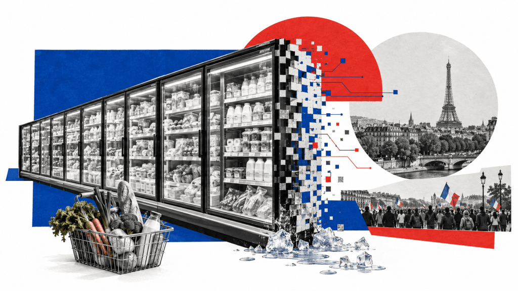 Beyaz fonda mavi ve kırmızı geometrik şekiller, dijital parçalara ayrılan market soğutucuları, gıda sepeti, Eyfel Kulesi ve göstericilerden oluşan kolaj.