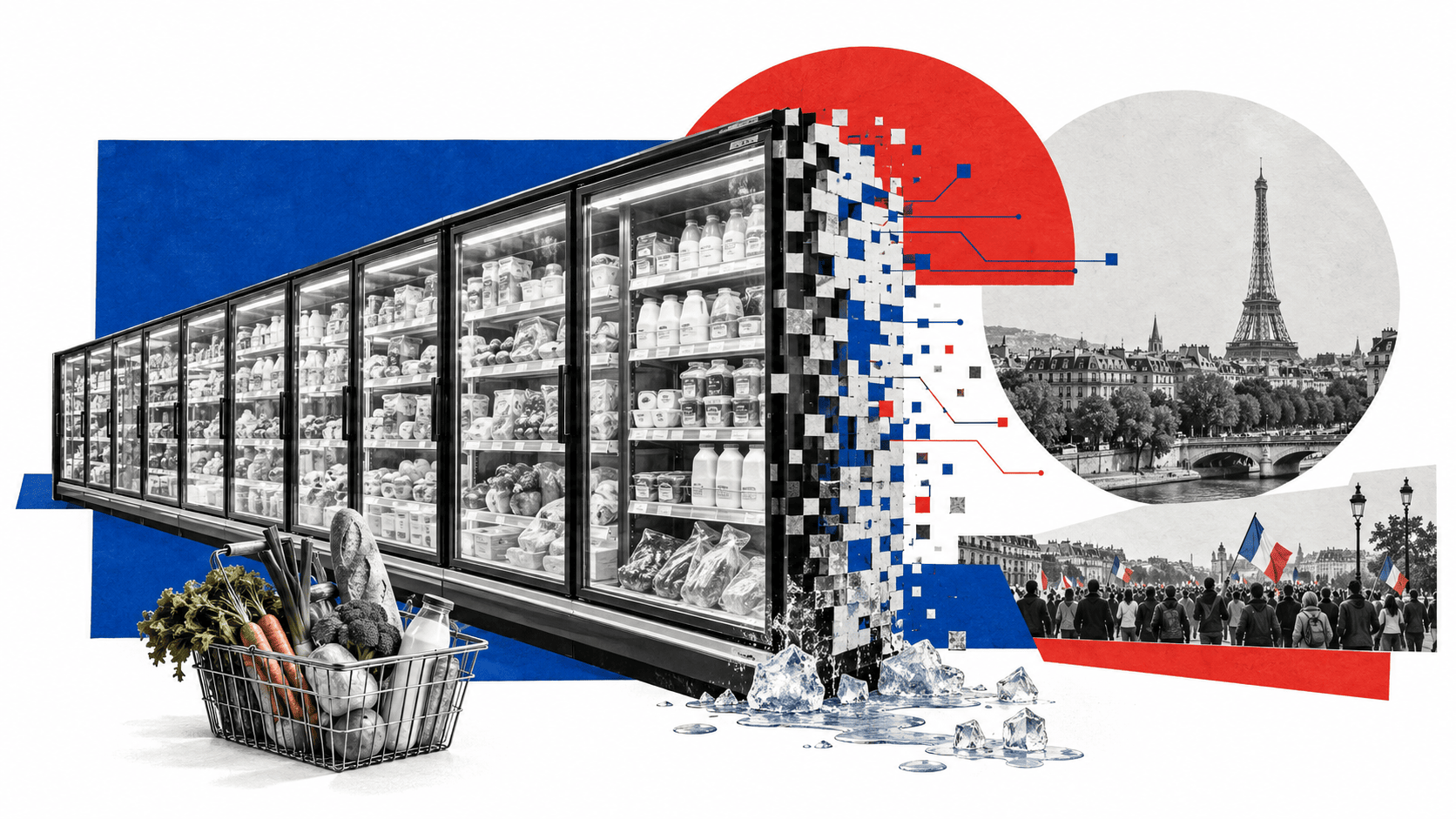 Beyaz fonda mavi ve kırmızı geometrik şekiller, dijital parçalara ayrılan market soğutucuları, gıda sepeti, Eyfel Kulesi ve göstericilerden oluşan kolaj.