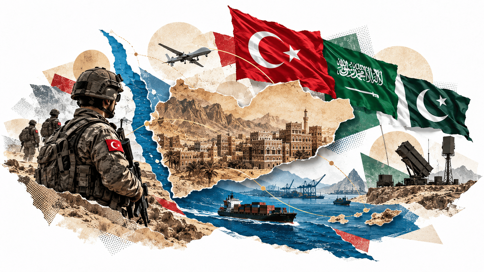 Beyaz fonda Türk askerleri, Yemen haritası, Türkiye, Suudi Arabistan ve Pakistan bayrakları, İHA, hava savunma sistemi ve yük gemilerinden oluşan kolaj.